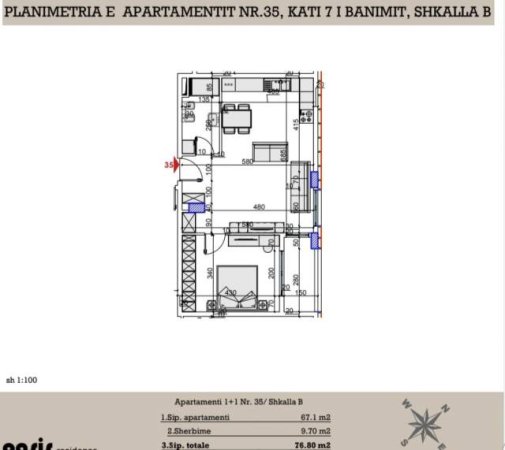 Tirane, shitet apartament 1+1+BLK Kati 7, 77 m² 96.000 Euro (Kompleksi Oasis)
