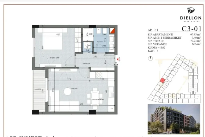 Tirane, shitet apartament 1+1+Ballkon Kati 3, 71 m² 84.000 € 