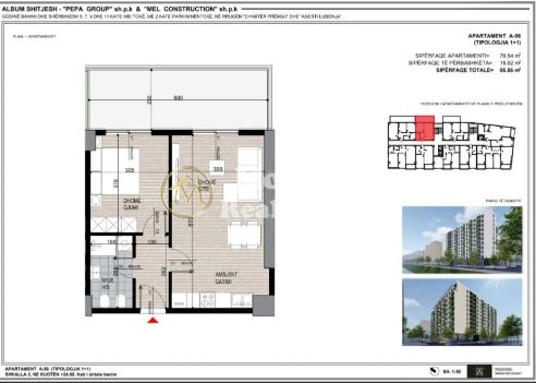 Tirane, shes apartament 1+1 Kati 7, 85 m² 120.000 € (Fusha Aviacionit)
