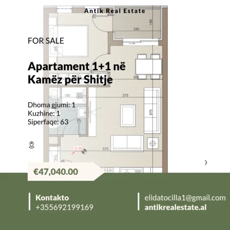 Tirane, shitet apartament 1+1+Ballkon Kati 5, 62 m² 