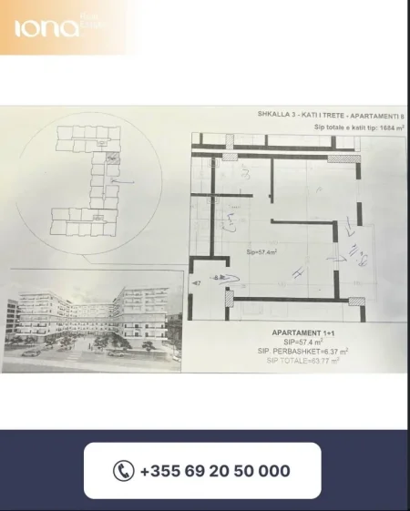 Golem, shitet apartament 1+1+ballkon, Kati 3, 57 m² (Perballe Hotel Flower)