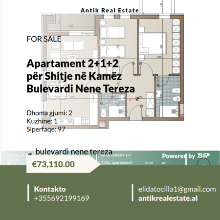 Tirane, shitet apartament 2+1+Ballkon Kati 3, 97 m² 73.110 € 