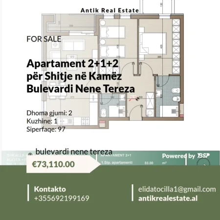 Tirane, shitet apartament 2+1+Ballkon Kati 3, 97 m² 73.110 € 