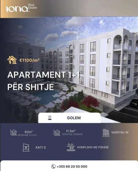 Golem, shitet apartament 1+1 Kati 0, 62 m² 