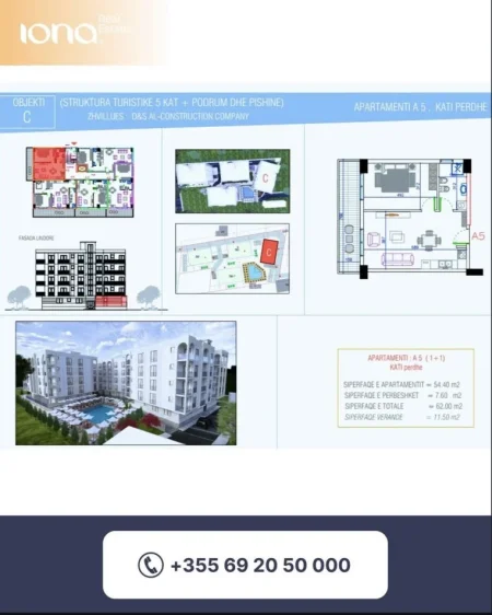 Golem, shitet apartament 1+1 Kati 0, 62 m² 