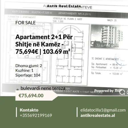 Apartament 2+1 Për Shitje në Kamëz !