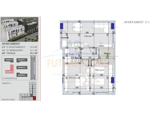 Tirane, shitet apartament 2+1 Kati 3, 83 m² 99.900 € 