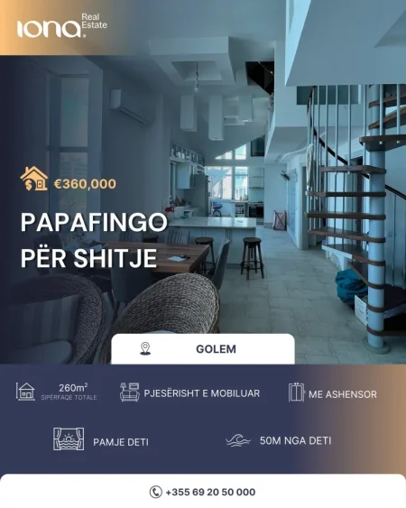 Golem,papafingo (penthouse) me pamje nga deti, 260 m², 360.000 € (50 m larg detit)