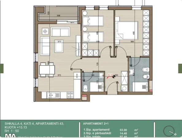 Tirane, shitet apartament 2+1+Ballkon Kati 3, 97 m² 73.110 € 