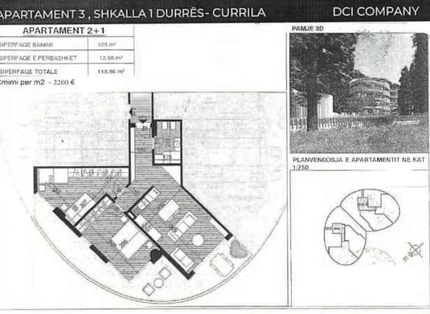 Durres, shitet apartament 2+1+Ballkon Kati 3, 119 m² 261.492 € 