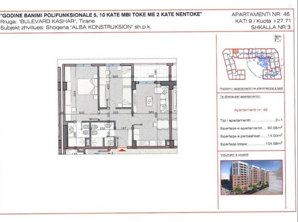 Tirane, shitet apartament 2+1 Kati 9, 105 m² 125.500 € (ASTIR)