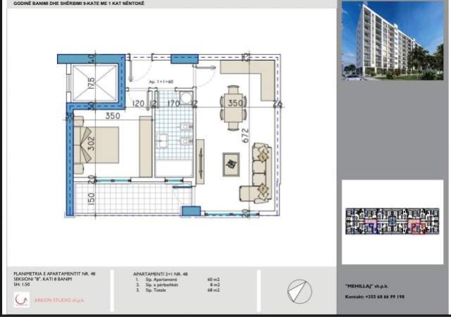 Tirane, shitet apartament 1+1 Kati 8, 68 m² 40.800 Euro (Rruga Teuta)