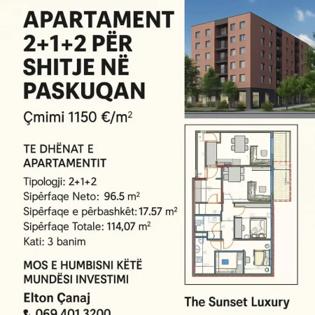 Tirane, shitet apartament 2+1+Ballkon Kati 3, 114 m² (Paskuqan)
