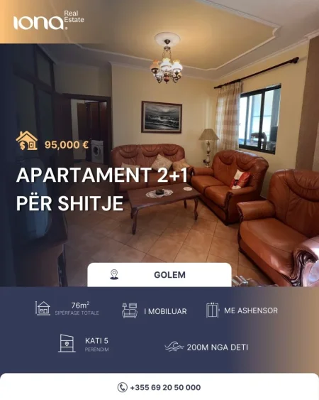 Golem, shitet apartament 2+1 Kati 5, 76 m² 95.000 € (200m Distanc nga Deti)