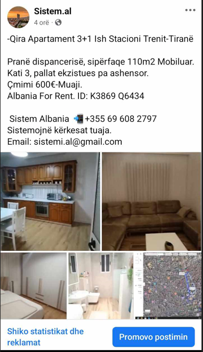 Tirane, jepet me qera apartament 3+1+Ballkon Kati 3, 110 m² 600 € (Prane Dispanceria)