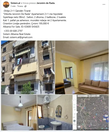 Tirane, shes apartament 2+1+Aneks+Ballkon Kati 1, 98 m² (Rruga fortuzi)