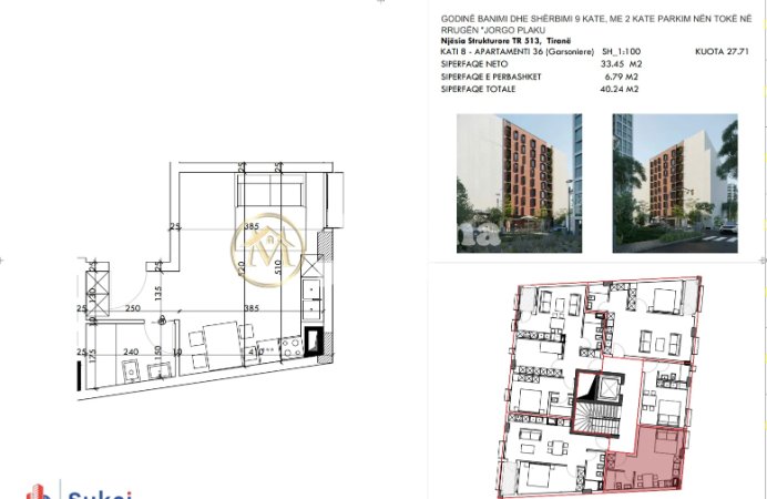 Tirane, shes apartament 1+1 Kati 8, 40 m² 83.300 € (5 Maji)