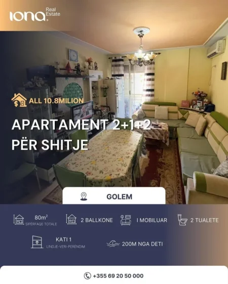 Golem, shitet apartament 2+1 Kati 1, 80 m² (200m Distanc nga Deti)