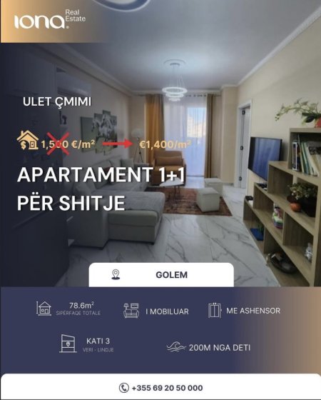 Golem, shitet apartament 1+1 Kati 3, 78 m² 