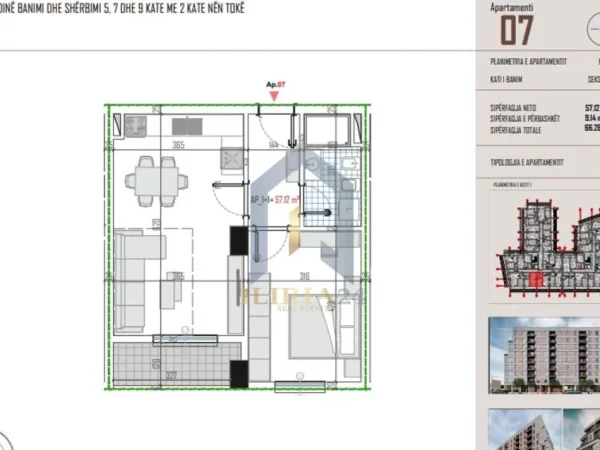 Tirane, shes apartament 1+1+Ballkon Kati 1, 66 m² 56.321 €
