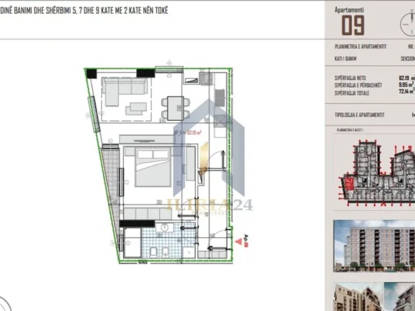 Tirane, shes apartament 2+1+Ballkon Kati 1, 72 m² 61.319 €