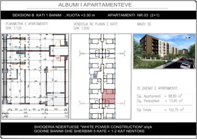 Tirane, shitet 2+1+Ballkon Kati 1, 103 m² 94.500 € (Paskuqan, Shkolla &quot;Lidhja e Prizerenit&quot;)