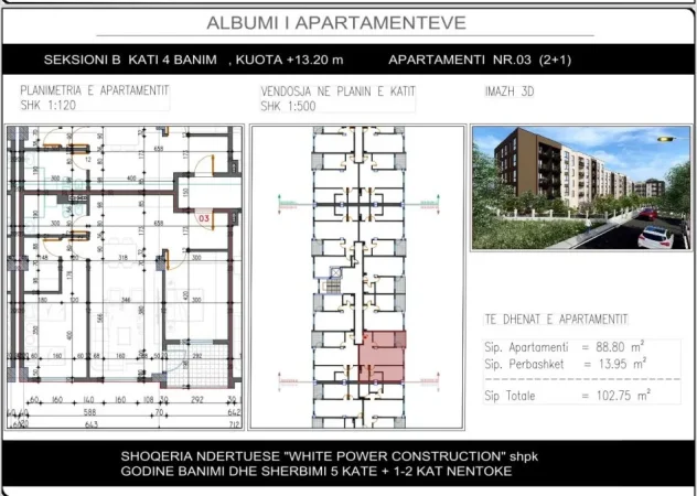 Tirane, shitet apartament 2+1+Ballkon Kati 4, 103 m² 97.600 € (Paskuqan, Shkolla "Lidhja e Prizerenit")