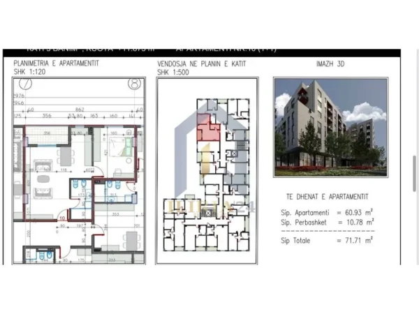 Tirane, shes apartament 1+1+Ballkon Kati 3, 71 m² 86.637 € 