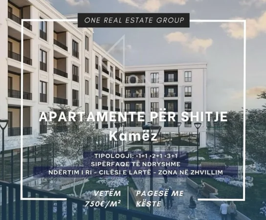Apartamente për shitje – Kamëz, Tipologji: •1+1 •2+1 •3+1 Sipërfaqe të ndryshme