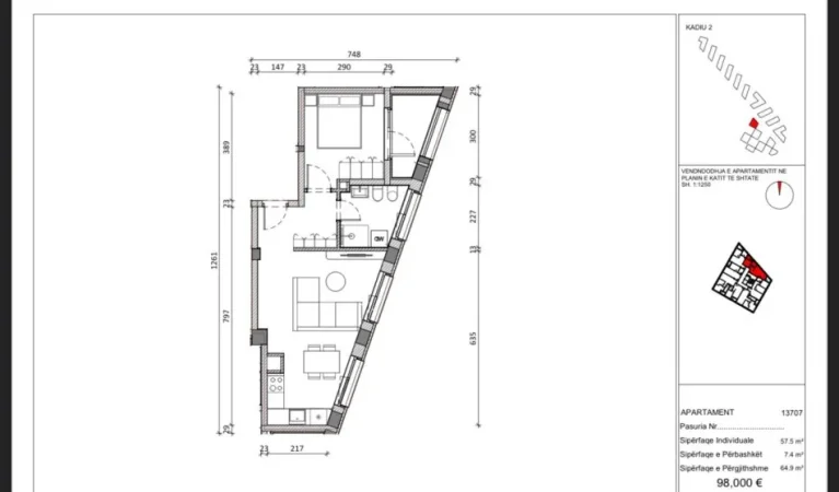 Tirane, shitet apartament 1+1+Ballkon Kati 7, 65 m² 98.000 € (ali demi)