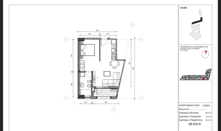 Tirane, shitet apartament 1+1 Kati 3, 60 m² 89.000 € (ali demi)