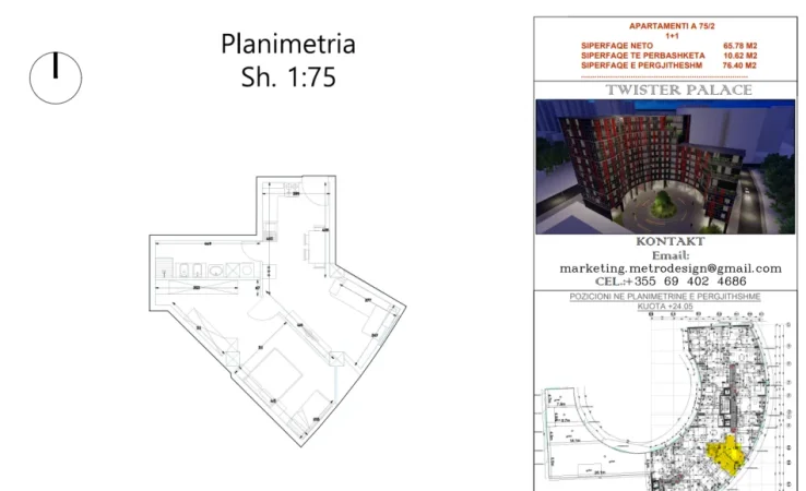 Tirane, shitet apartament 1+1 Kati 7, 76 m² 130.000 € (Prane shkolles 9 vjecare Vace Zela)
