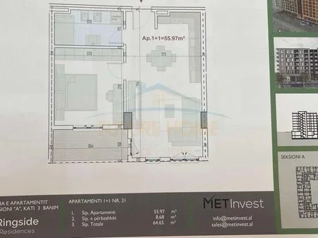 Tirane, shitet apartament 1+1 Kati 3, 64 m² 77.500 € (Paskuqan)