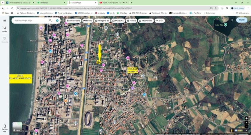 Golem-Kavajë,Super-Okazion! Shitet Tokë-Truall, ideale për Vilë 3-kate, zonë urbane, pamje nga deti, sip.580m²,Cmim 35'000 €, në Golem-Fshat, 800m(10min këmb) nga rrethe-rrotullim Deti-Plazhi-Golem, 900m nga Qendra Administrative Golem, 8km nga qendra Kavajës dhe 12km nga Amfiteatri /Bashkia Durrës.