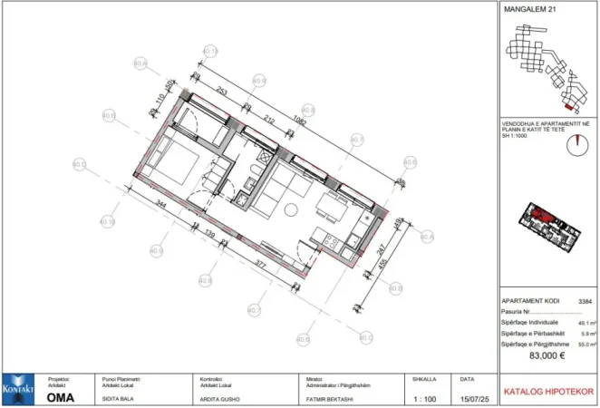 Tirane, shes apartament 1+1+Ballkon Kati 8, 55 m² 83.000 € 