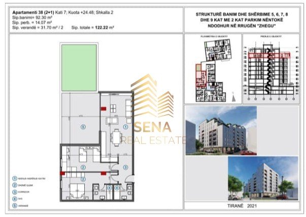 Tirane, shitet apartament 2+1+Ballkon Kati 7, 122 m² 165.000 € (Rruga Zhegu, Ali Demi)