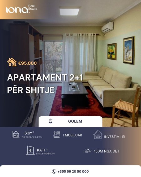Golem, shitet apartament 2+1+Ballkon Kati 1, 63 m² 95.000 € (Vije e pare bregdetare)