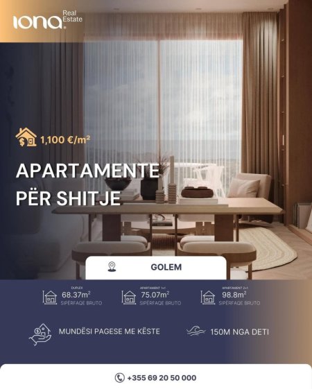 Golem, shitet apartament 1+1 Kati 1, 75 m² (150m Distanc Nga Deti)