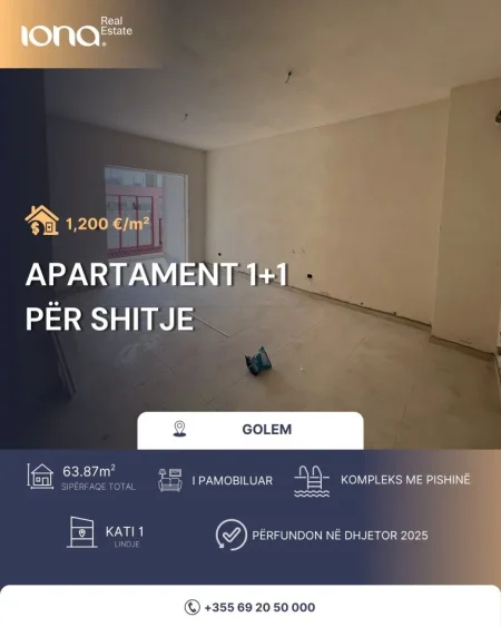 Golem, shitet apartament 1+1 Kati 1, 64 m² 83000 € (Kompleks me pishine)