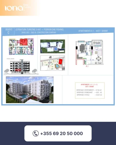 Golem, shitet apartament 1+1 Kati 1, 64 m² 83000 € (Kompleks me pishine)