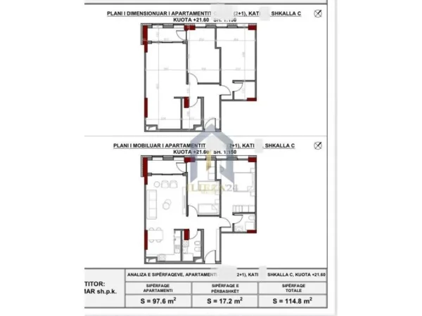 Tirane, shes apartament 2+1+Ballkon Kati 4, 115 m² 172.200 € (Porcelan Kompleksi Art Nlagje)