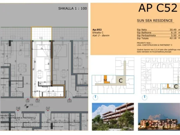 Golem, shitet garsonier 1+1 Kati 3, 42 m² 50.600 € 