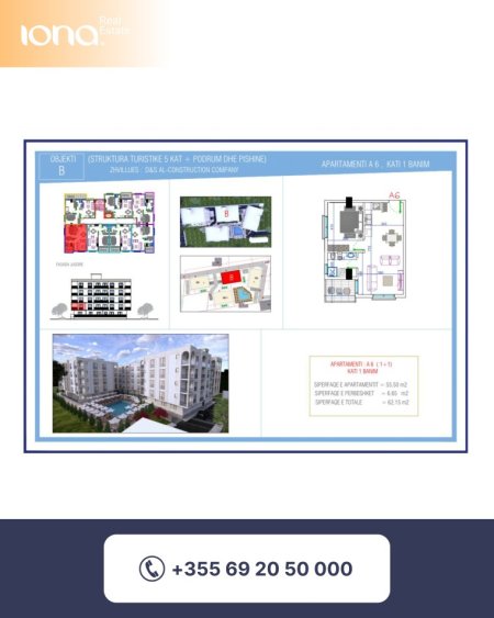 Golem, shitet apartament 1+1 Kati 1, 62 m² 