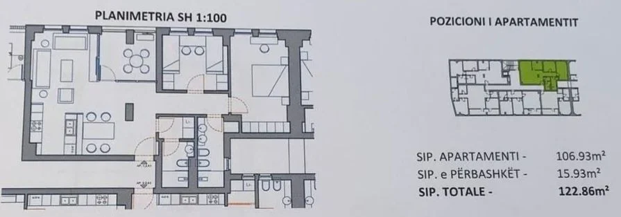 Tirane, shitet apartament 2+1 Kati 2, 122 m² 