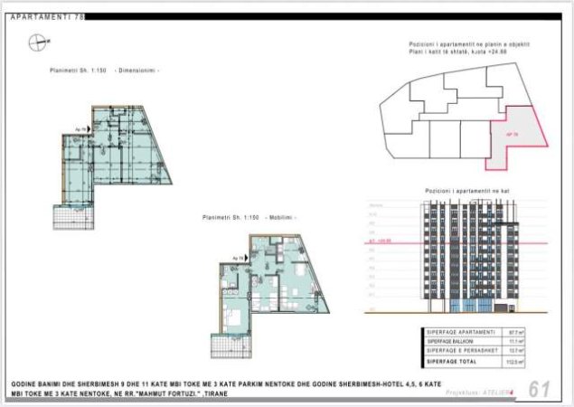 Tirane, jap me qera apartament 3+1 Kati 7, 112 m² 500 Euro (Rruga e Barrikadave)