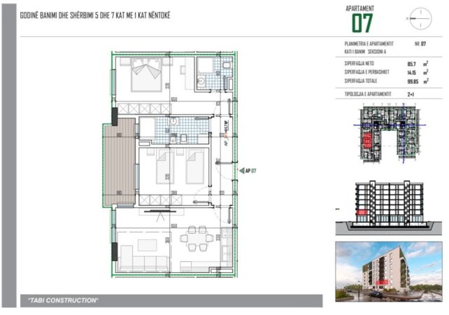 Tirane, shitet apartament 2+1+Ballkon Kati 1, 99 m² (Tabi Construction)