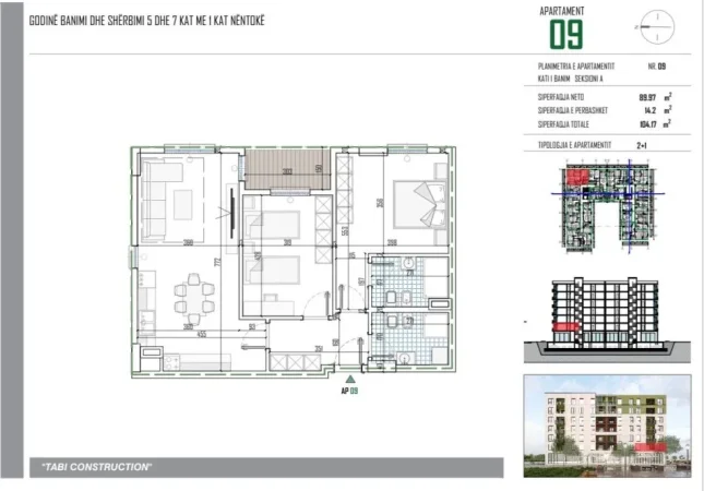 Tirane, shitet apartament 2+1+Ballkon Kati 1, 104 m² (Tabi Construction)