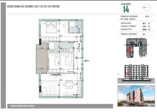 Tirane, shitet apartament 2+1+Ballkon Kati 2, 99 m² (Tabi Construction)