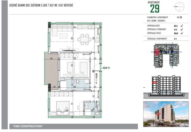 Tirane, shitet apartament 2+1+Ballkon Kati 4, 99 m² (Tabi Construction)
