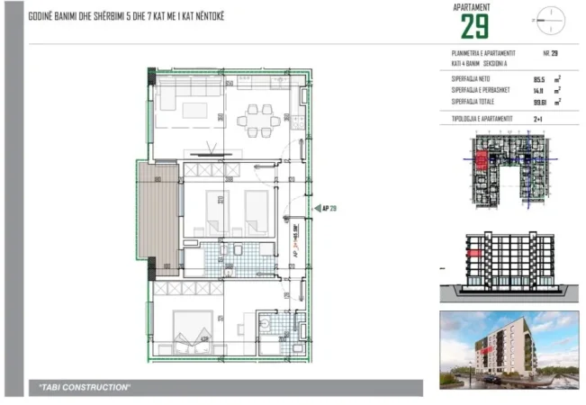 Tirane, shitet apartament 2+1+Ballkon Kati 4, 99 m² (Tabi Construction)
